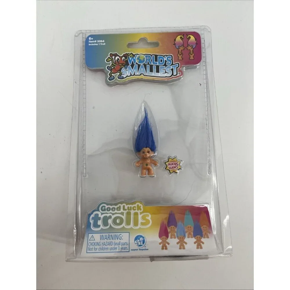 Rare! Hard To Find, Worlds Smallest BLUE Hair Good Luck Troll W/ Gemstone
